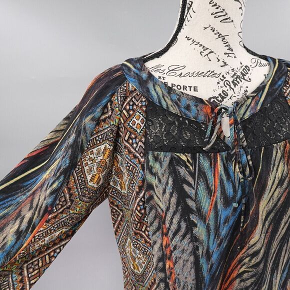 Womens Peasant Top Small Brown Tribal Aztec Lace Detailed Prairie Boho Chic - Picture 5 of 16